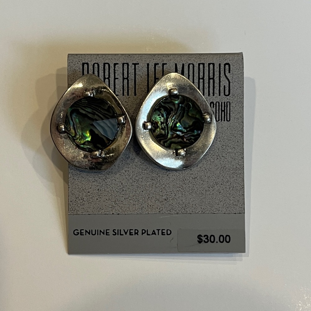 Robert Lee Morris Abalone Antique Silver Disc Post Earrings NWT